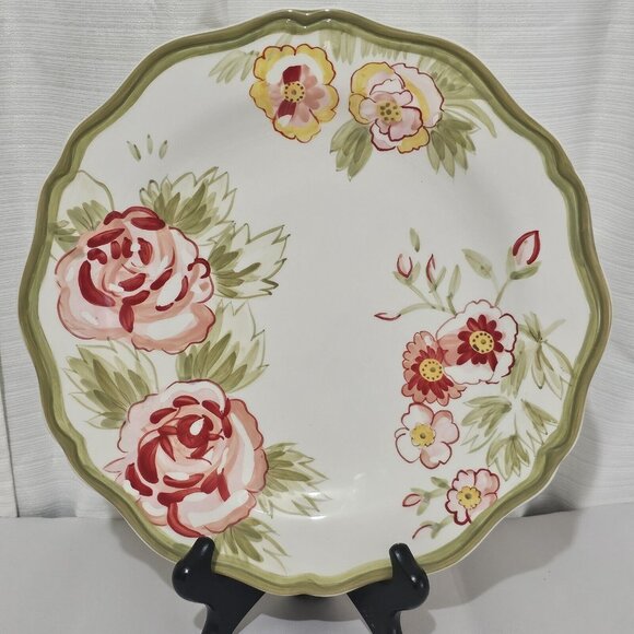 Pier 1 Audrey Dinner Plate 11in rose floral sage hand painted earthenware dinner - Picture 6 of 9